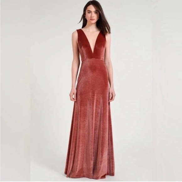Jenny Yoo Logan Rose Deep V Neck Velvet Sleeveless Maxi Gown Size 2 - Picture 9 of 16